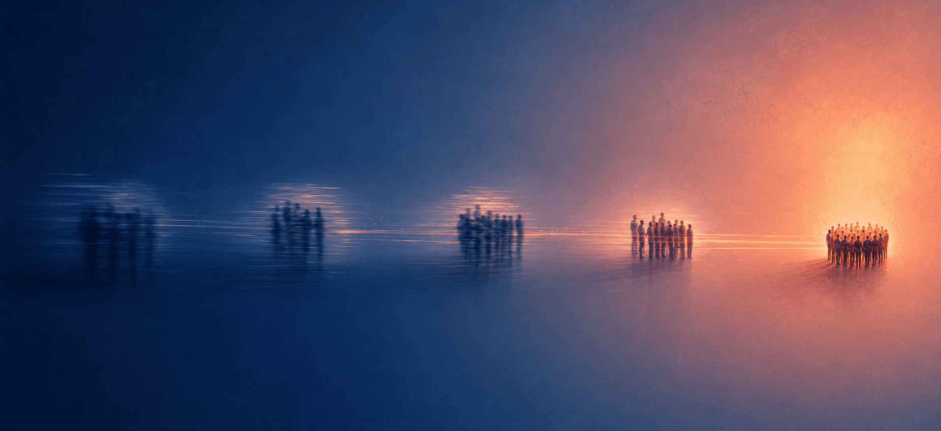 Groups of people stretched across a blue-to-orange horizon, showing widening distance between adoption frames.
