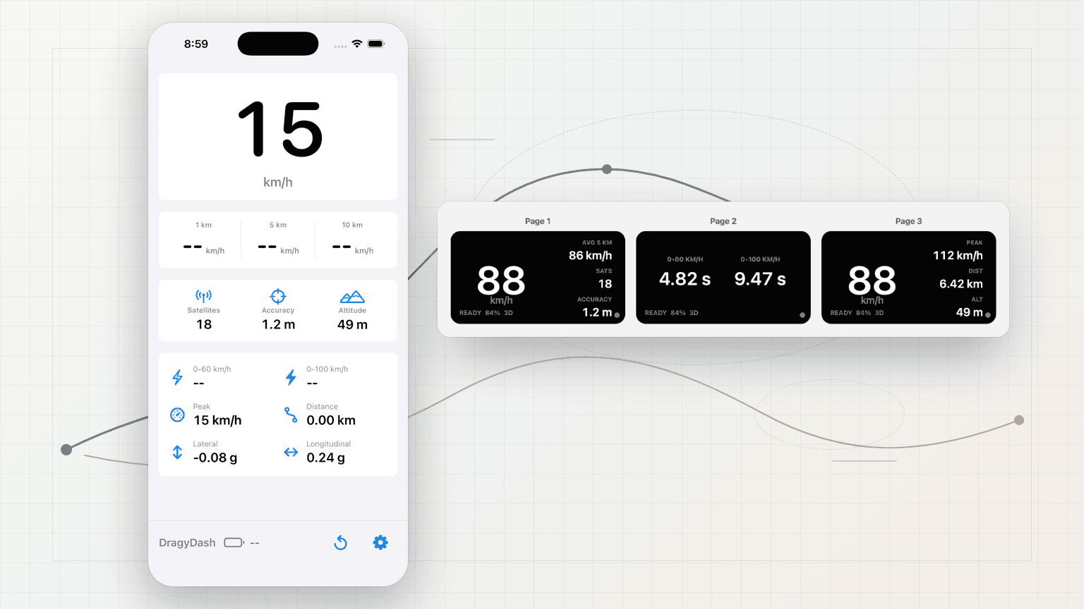 iPhone dashboard and ESP32 display screenshots showing live Dragy Pro telemetry.