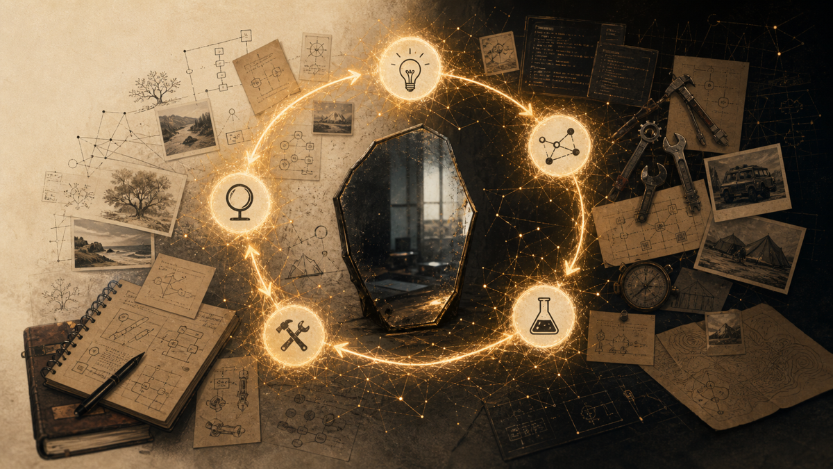Illustration of an imperfect mirror surrounded by clustered notes and a reflection loop.